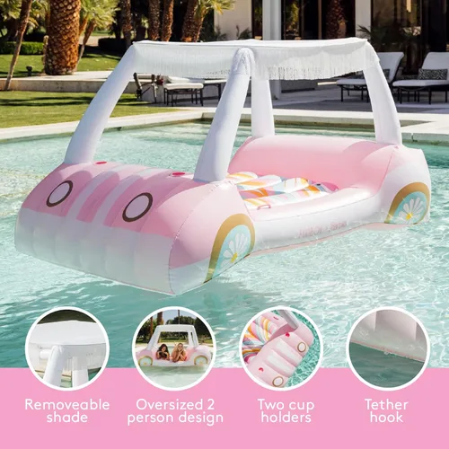Vista 3 de FUNBOY Giant Inflatable Luxury Golf Cart Pool Float, Two Cup Holders, Removable Fringe Shade, Float for Summer Pool Party and Entertainment Carrito