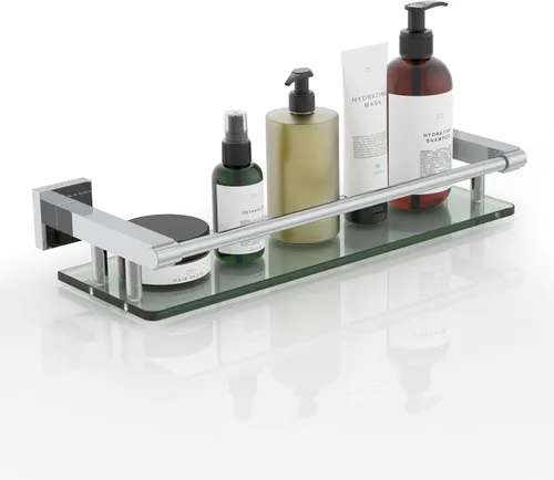 Vista 17 de Estante de vidrio para baño, estantes de baño de 20 pulgadas con toallero, estantes de vidrio templado con toallero de acero inoxidable para estante