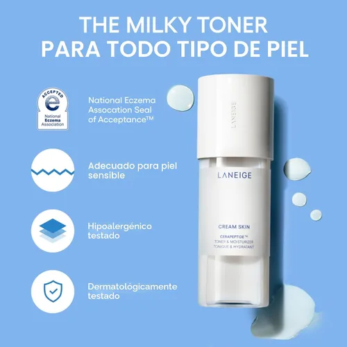 Vista 2 de LANEIGE Tónico e hidratante para la piel en crema: Tóner lechoso coreano ligero y recargable con ceramida y péptido para hidratación, reafirmación