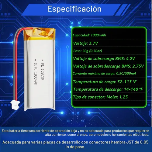 Vista 3 de Batería de 3.7V 1000mAh 102050 1S LiPo, Micro JST 0.05 in 2-Pin