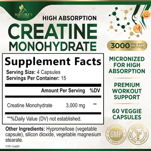 Vista 2 de Monohidrato de creatina 3000 mg por porción - Cápsulas de creatina en polvo micronizado - Apoya el músculo magro, la fuerza, la energía