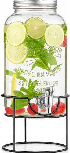 Vista 4 de Royalty Art Mason Jar - Dispensador de bebidas de vidrio con soporte, 1 galón de vidrio en relieve sin BPA, tapa plateada, soporte de metal negro