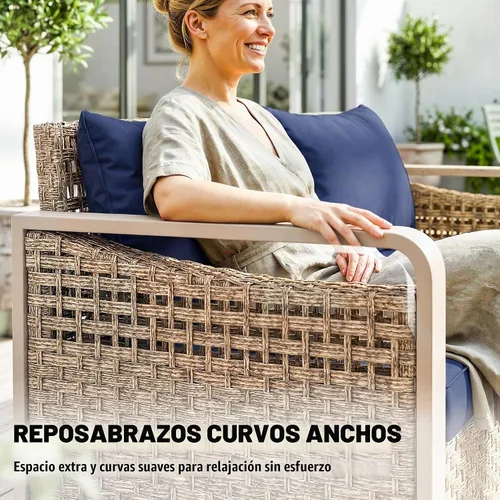 Vista 5 de Outsunny Sofá de patio al aire libre Asiento profundo ancho 3 plazas mimbre Azul