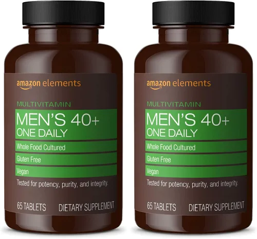 Vista 3 de Multivitamina diaria para hombres de más de 40 años de Amazon Elements, con un 67 % de su composición procedente de alimentos integrales, vegana; 65