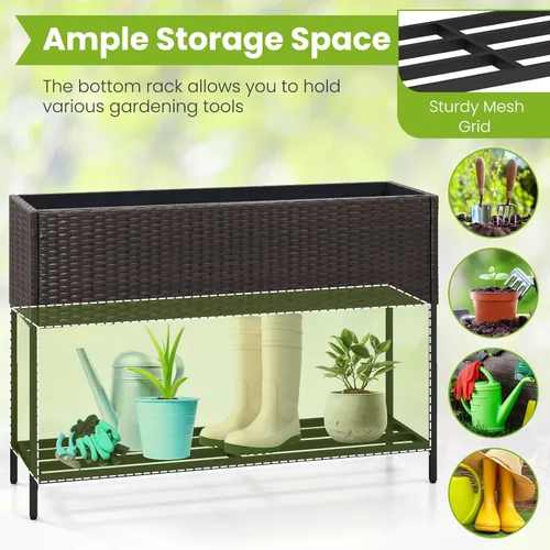 Vista 4 de HAPPYGRILL Cama de jardín elevada de ratán con patas, estante inferior de Maceta elevada con forro extraíble, sistema de drenaje, maceta elevada