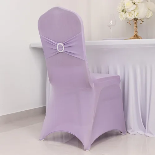 Vista 70 de Efavormart - Funda para silla de banquete de elastano beige con banda de hebilla de diamantes de imitación plateados, funda elástica para silla