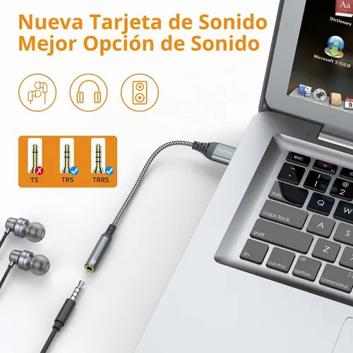 Vista 2 de Adaptador de USB a conector de audio de 3.5mm, convertidor de tarjeta de sonido externa compatible con auriculares, PC, portátil, Mac, computadoras
