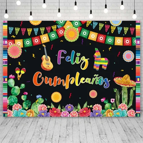 Vista 2 de AIBIIN Telón de fondo de Feliz Cumpleaños de 8 x 6 pies, fiesta mexicana, feliz cumpleaños, Cinco de Mayo, Taco, fotografía, fondo, festival