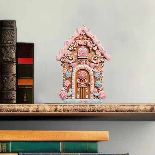 Vista 4 de Adhesivo de pared de casa de pueblo de Navidad, decoración de casa de jengibre glaseado rosa