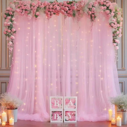 Vista 46 de Cortina de telón de fondo de tul negro de 10 x 10 pies con cadena de luces para fiestas, cortinas de fondo de fotos transparentes para bodas