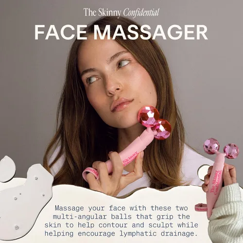 Vista 2 de The Skinny Confidential Rodillo facial – Masajeador de ojos y facial de bolas rosadas – Herramientas de masaje facial para el cuidado de la piel