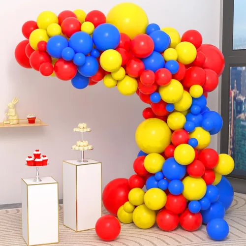 Vista 14 de Kit de arco de globos azul, amarillo y blanco, guirnalda de globos azul claro, verde azulado y amarillo blanco, globos azules y amarillos
