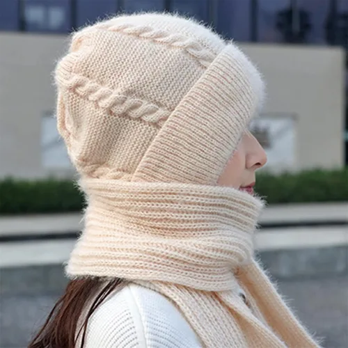 Vista 6 de Bufanda integrada de protección de oído resistente al viento, gorro de punto elástico cálido para mujer, bufanda con capucha para invierno