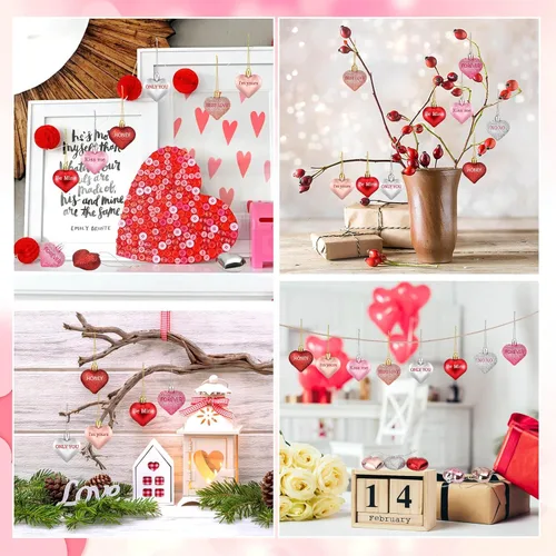 Vista 7 de Shynek 68 adornos de corazón para el día de San Valentín para árbol, bolas de corazón de San Valentín con palabras de amor dulces para decoraciones