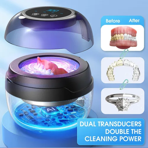 Vista 6 de Limpiador ultrasónico de retenedores AI, máquina limpiador de retenedores de 8.5 fl oz para dentaduras, protectores bucales, frenillos, cabezales