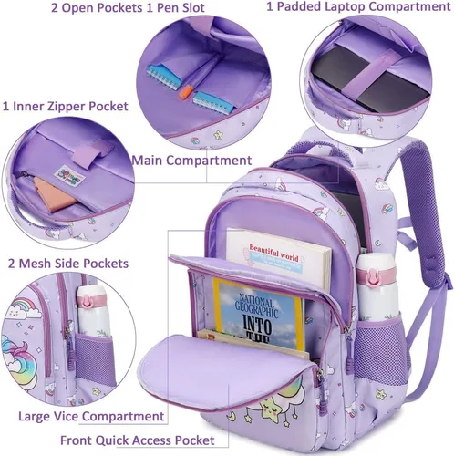 Vista 4 de Juego de mochila para niñas y adolescentes, mochila escolar para niños con bolsa para el almuerzo, estuche para lápices, mochilas escolares