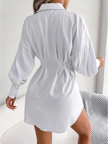 Vista 5 de Mini vestido camisero, plisado cintura ceñida asimétrica, vestido camisero blanco manga de fibra de poliéster, mini cuello de solapa abotonado