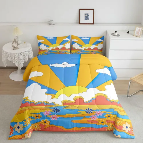 Vista 40 de Lindo juego de edredón de flores para niños y mujeres. Juego de ropa de cama de flores coloridas de dibujos animados, tamaño individual, bonito