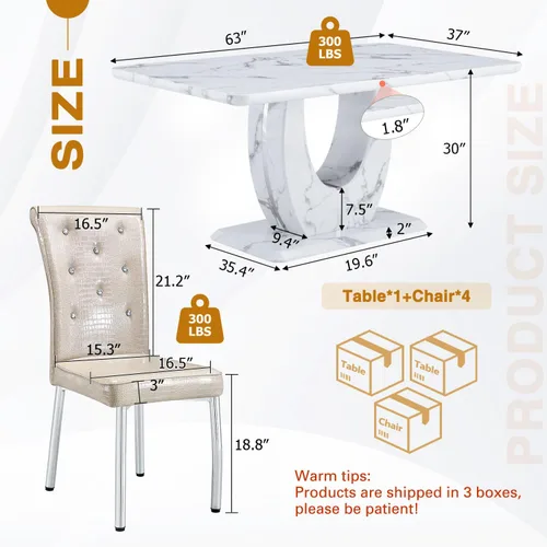 Vista 2 de Moderno juego de mesa de comedor de mármol sintético para 4, mesa de cocina rectangular blanca de 63 pulgadas con elegante base de pedestal
