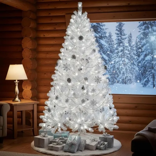 Vista 5 de Árbol de Navidad artificial preiluminado de 6 pies, color blanco 300 luces LED blancas, 726 puntas de PVC, soporte de metal, fácil montaje