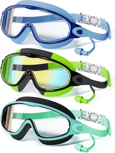 Vista 16 de Paquete de 3 gafas de natación para niños, con tapones para los oídos, marco grande, antivaho, UV, visión amplia, para niños y niñas de 4 a 12 años