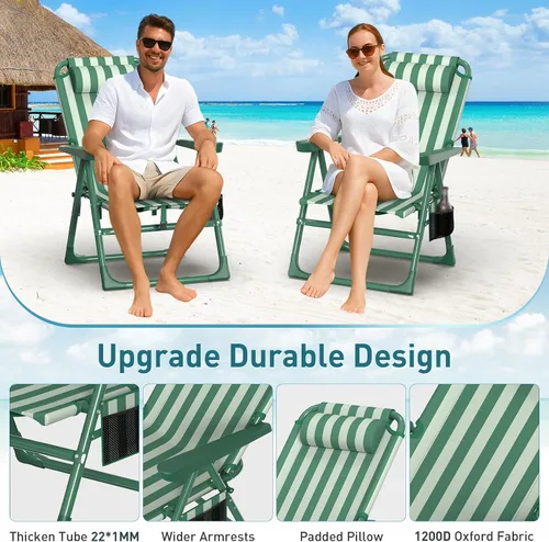 Vista 5 de Suteck Sillas de playa tipo mochila para adultos, paquete de 2, silla reclinable plegable de 6 posiciones con bolsa enfriadora y soporte para tazas