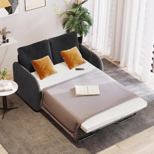 Vista 9 de Sofá cama extraíble, sofá biplaza 2 en 1 con colchón de espuma plegable, sofá cama extraíble de terciopelo con puerto de carga USB y enchufe de 3
