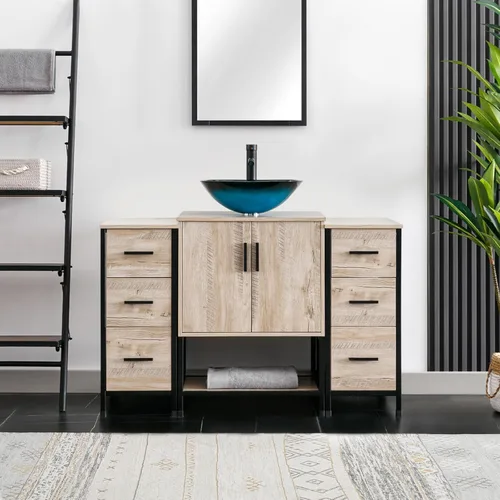 Vista 11 de eclife Lavabo de tocador de baño de 24 pulgadas, gabinete de metal moderno con estante inferior, fregadero azul para barco y grifo de ahorro de agua