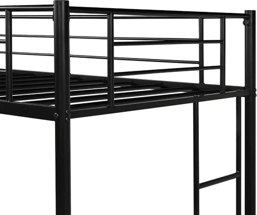 Vista 6 de Cama alta individual para niños, marco de cama alta resistente con 2 escaleras y barandillas de protección, cama alta moderna para dormitorio