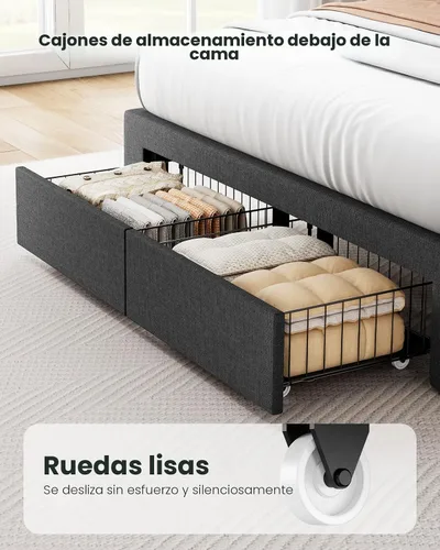 Vista 4 de Pipishell Marco de cama Full con 2 cajones de almacenamiento, 12 patas resistentes, base de cama de madera maciza con cabecera tapizada