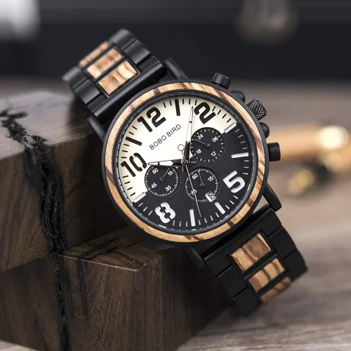 Vista 2 de BOBO BIRD Reloj de acero inoxidable de madera para hombre, cronógrafo, relojes de cuarzo