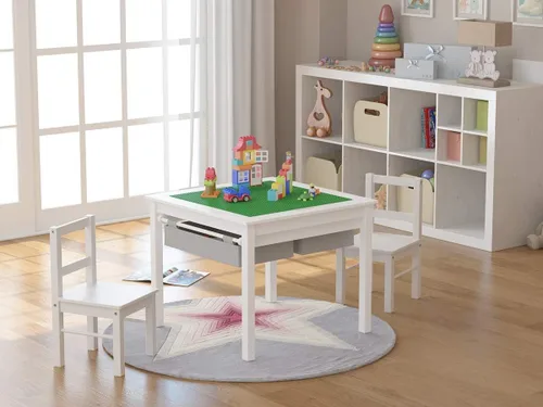 Vista 11 de UTEX - Juego de mesa de construcción para niños 2 en 1 de madera con dos sillas y cajones de almacenamiento, y placa empotrada compatible