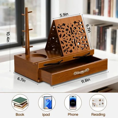Vista 3 de Soporte de madera ajustable para libros con almacenamiento, soporte multifuncional para libros, tabletas y recetas con ranura para tazas, ranura