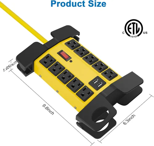 Vista 21 de CCCEI Regleta de alimentación resistente con puertos USB, 10 salidas para garaje, protector de sobretensiones de 2700 julios, metal para taller