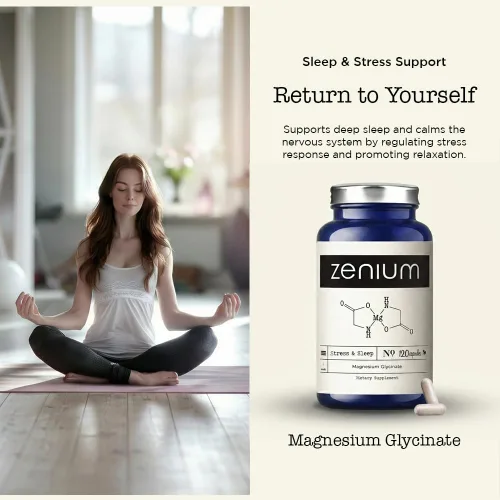 Vista 6 de Zenium - Glicinato de magnesio para dormir, 120 cápsulas, 400 mg por porción Quelatado y de alta absorción Alivia el estrés, la tensión