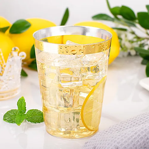 Vista 5 de Ciaell 120 vasos de plástico dorados, vasos de plástico transparente resistentes de 10 onzas con borde dorado, vasos desechables con borde dorado