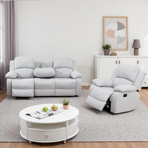 Vista 27 de Juego de sofá reclinable manual para sala de estar, juego de muebles de 3 piezas, sofá reclinable de tela Courduroy y dos sillas con mesa Azul