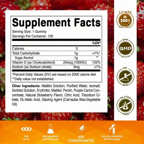 Vista 2 de Vitamatic Gomitas de Vitamina D3 sin Azúcar - 120 Gomitas a Base de Pectina - Gran Sabor - Huesos Saludables, Estado de Ánimo y Función del Sistema
