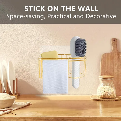 Vista 5 de Organizador adhesivo 3 en 1 para fregadero de cocina, esponja de acero inoxidable y soporte para cepillo para fregadero de cocina, adecuado