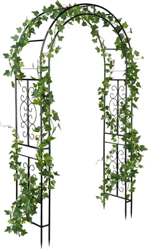 Vista 8 de Estructura de arco de jardín al aire libre de metal de Plow & Hearth, de 84 pulgadas de alto, entramado de celosía de hierro para plantas Rojo