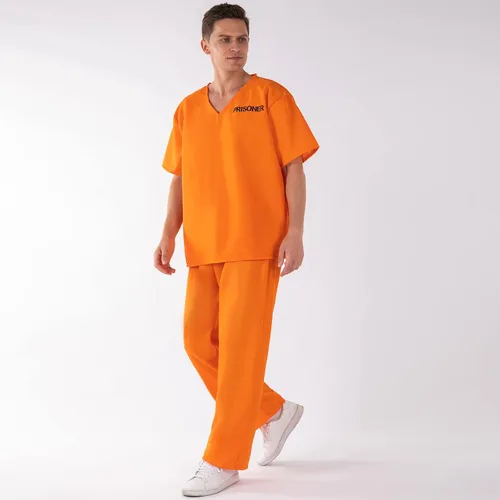 Vista 6 de Disfraz de prisionero para adultos, overol naranja de convicto para cosplay, camisa y pantalón, disfraz para hombres y mujeres