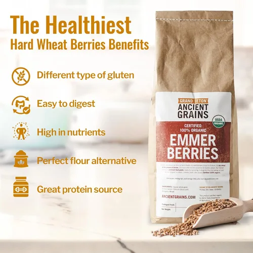 Vista 4 de Grand Teton - Granos antiguos de trigo emmer, 100% bayas orgánicas, bayas de trigo emmer orgánico de grado alimenticio premium, trigo farro