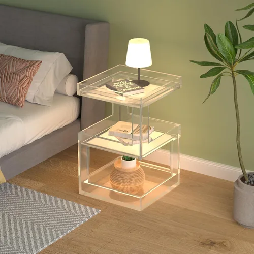 Vista 5 de Mesa auxiliar de acrílico, mesa auxiliar moderna, mesa de noche transparente, montaje requerido, mesa de almacenamiento para sala de estar