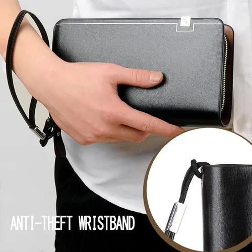 Vista 4 de Bolso de mano para hombre, bolso de mano de cuero genuino, con cremallera, cartera larga, para negocios, grande, soporte para teléfono