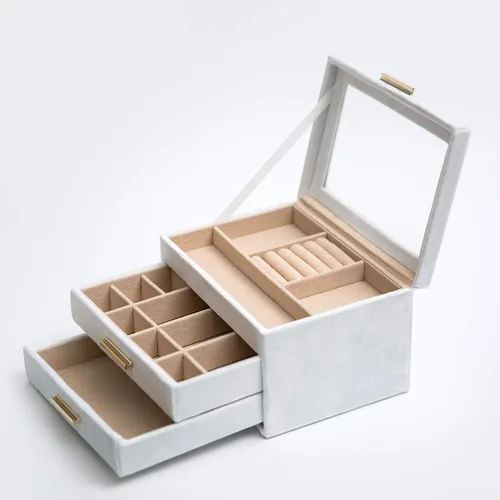 Vista 2 de Organizador de joyas de terciopelo de felpa con 3 cajones cajas de joyería grandes para mujeres con tapa acrílica transparente para almacenamiento