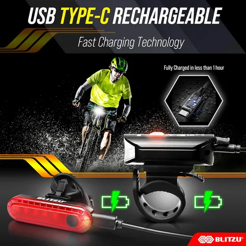 Vista 3 de BLITZU Juego de luces recargables tipo C ultra brillantes para bicicleta, faros delanteros y traseros para bicicleta, accesorios de bicicleta