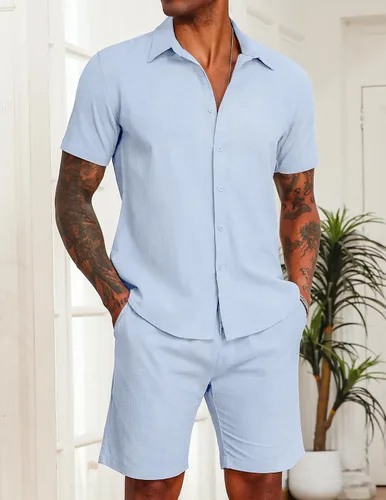 Vista 2 de COOFANDY Conjunto de 2 piezas de algodón y lino para hombre, camisas de manga corta con botones, pantalones cortos de playa de verano, trajes