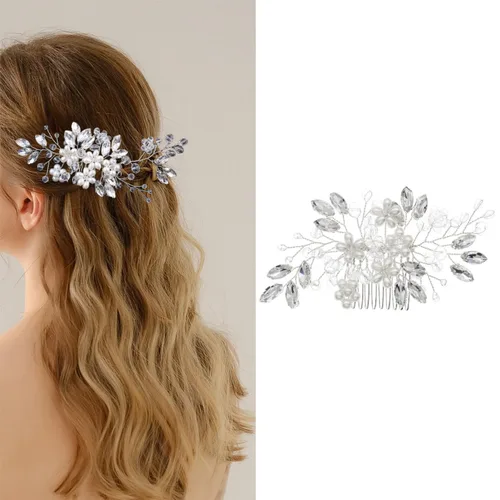 Vista 8 de Accesorios para el cabello nupcial hechos a mano con cuentas - Pinzas para el cabello y peines florales para mujer