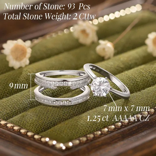 Vista 3 de Blongme Juegos de anillos de boda de catedral y clásicos para mujeres, plata esterlina 925, conjunto de anillos nupciales realzador, circonita