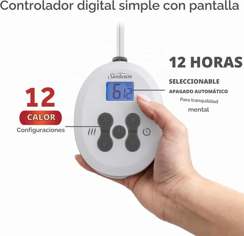 Vista 4 de Manta eléctrica térmica Sunbeam Royal Luxe de microfelpa, 12 ajustes de calor, apagado automático seleccionable de 12 horas, calentamiento rápido
